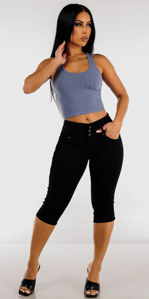 Black Butt Lifting Denim Capris with Blue Racerback Crop Top sold by Moda