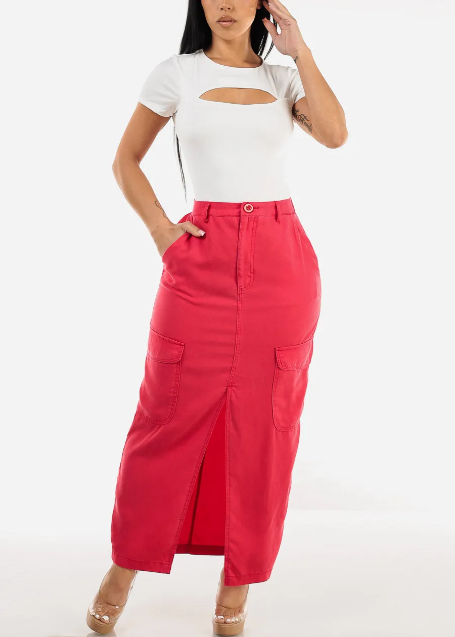 High Waisted Front Slit Cargo Midi Skirt Red sold by Moda product image thumbnail 2
