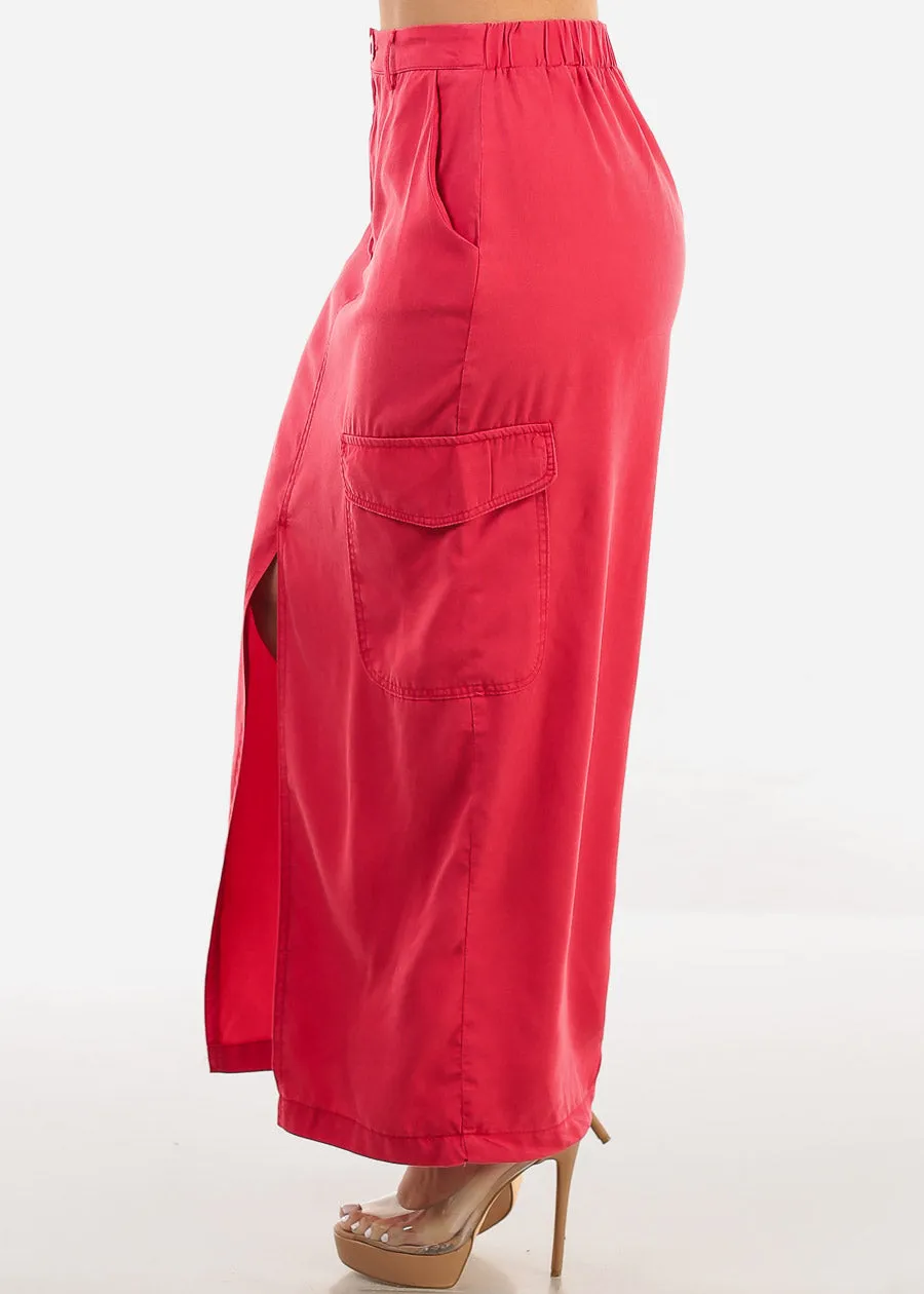 High Waisted Front Slit Cargo Midi Skirt Red sold by Moda product image thumbnail 3