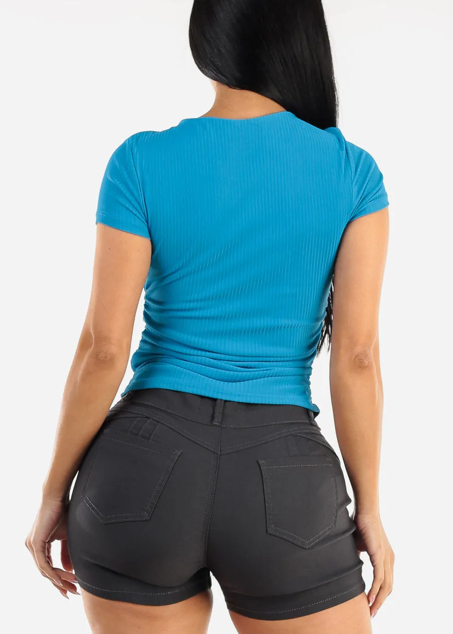 Short Sleeve Crewneck Ruched Top Aqua Blue sold by Moda product image thumbnail 4