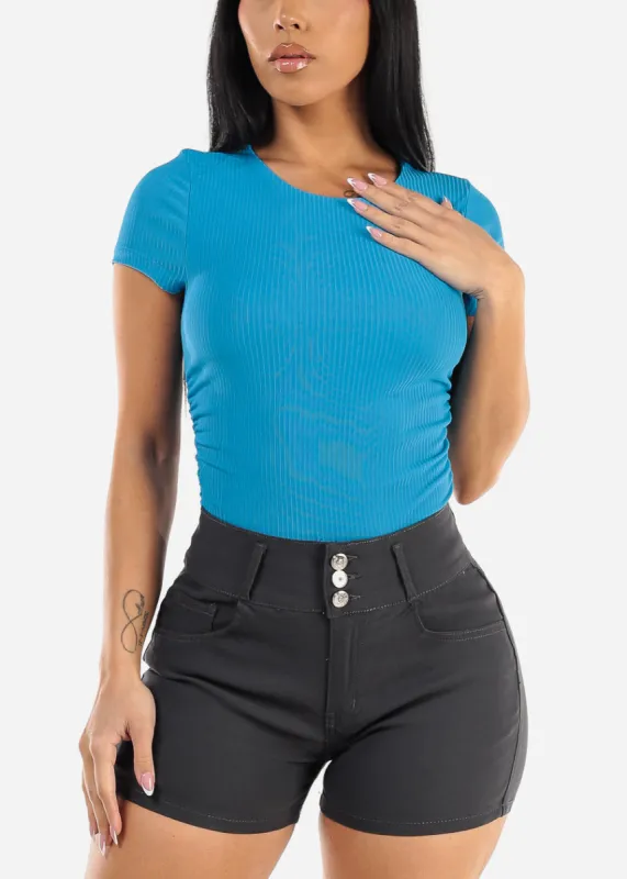 Short Sleeve Crewneck Ruched Top Aqua Blue sold by Moda