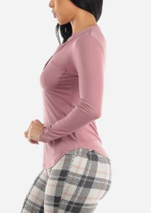 Long Sleeve Half Button Up Blouse Dark Mauve sold by Moda
