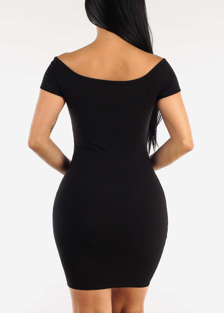 Black Off Shoulder Ribbed Bodycon Mini Dress sold by Moda product image thumbnail 4