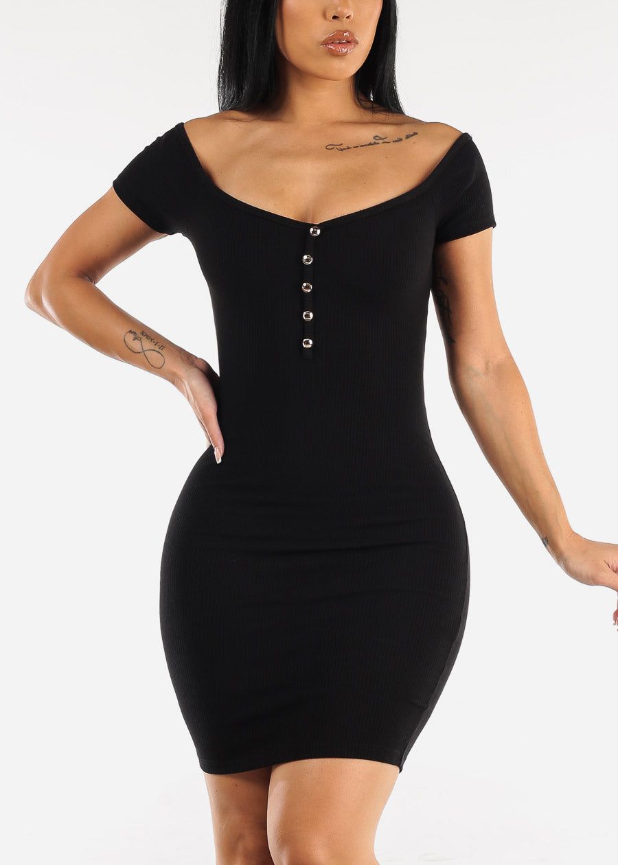 Black Off Shoulder Ribbed Bodycon Mini Dress sold by Moda