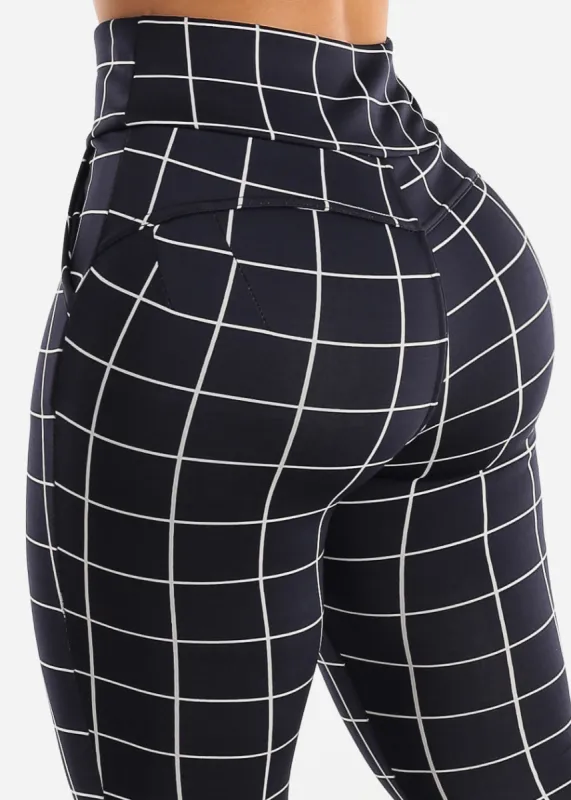 Navy High Waisted Butt Lifting Skinny Pants Windowpane sold by Moda