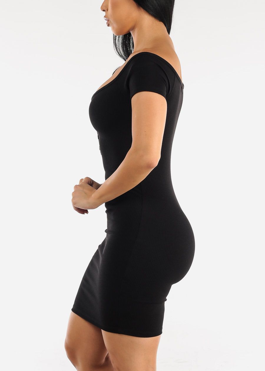 Black Off Shoulder Ribbed Bodycon Mini Dress sold by Moda product image thumbnail 3