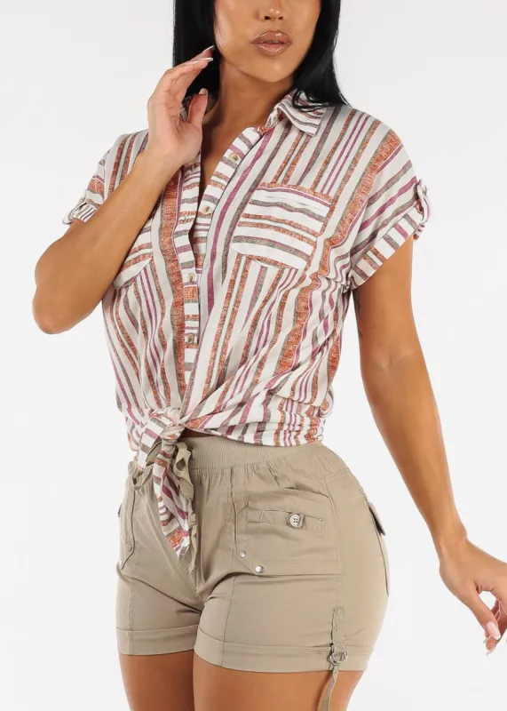 Short Sleeve Tie Front Button Up Stripe Shirt White & Rust sold by Moda