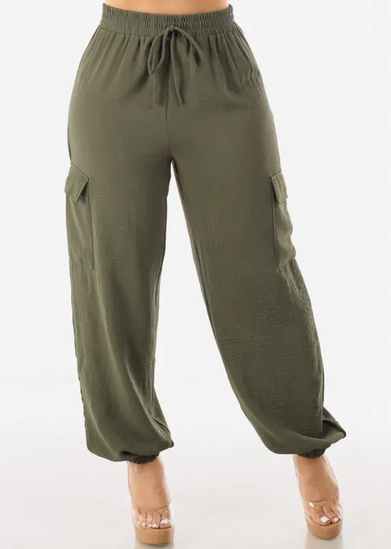 High Waist Cargo Elastic Jogger Pants Olive sold by Moda