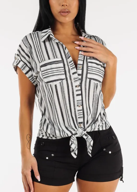 Short Sleeve Tie Front Button Up Stripe Shirt White & Charcoal sold by Moda
