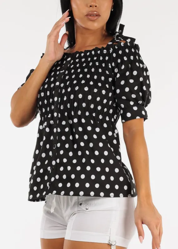 Black Cold Shoulder Smocked Polka Dot Blouse sold by Moda