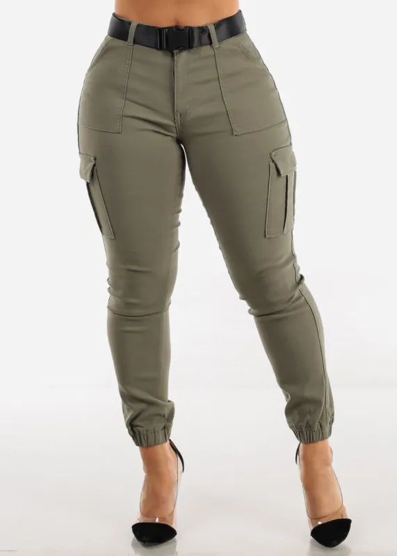 Light Olive Hyper Stretch Cargo Jogger Pants with Belt sold by Moda