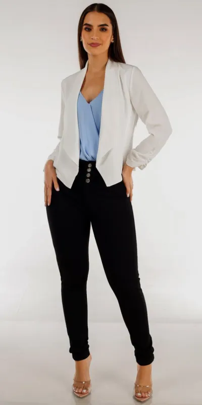 Super High Waisted Black Skinny Pants Light Blue Surplice Cami Top and White Quarter Sleeve Blazer made by Moda