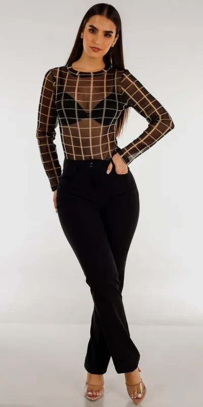 Classic 1 Button Black Straight Leg Dressy Pants with Long Sleeve Black Printed Mesh Bodysuit sold by Moda