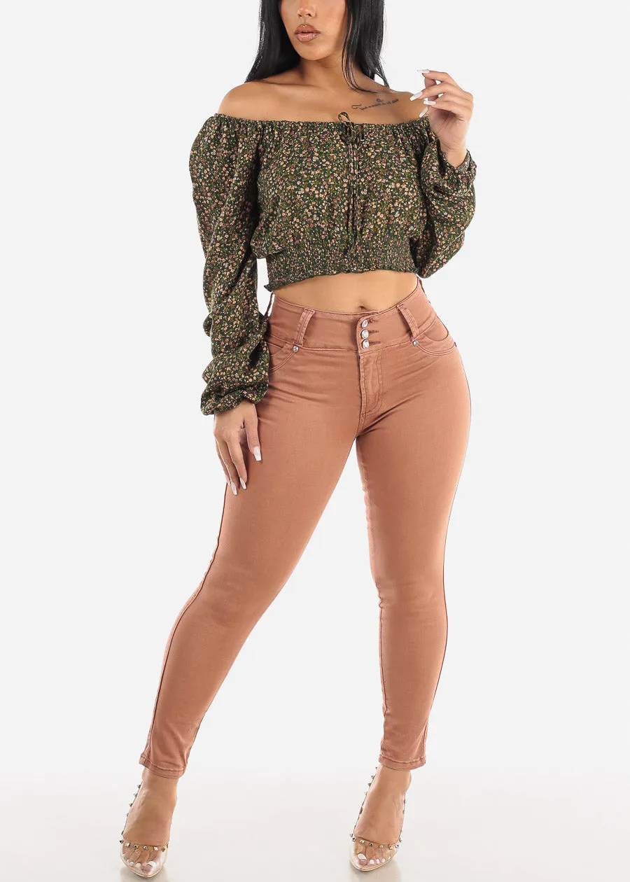 Off Shoulder Floral Peasant Crop Top Green sold by Moda product image thumbnail 2