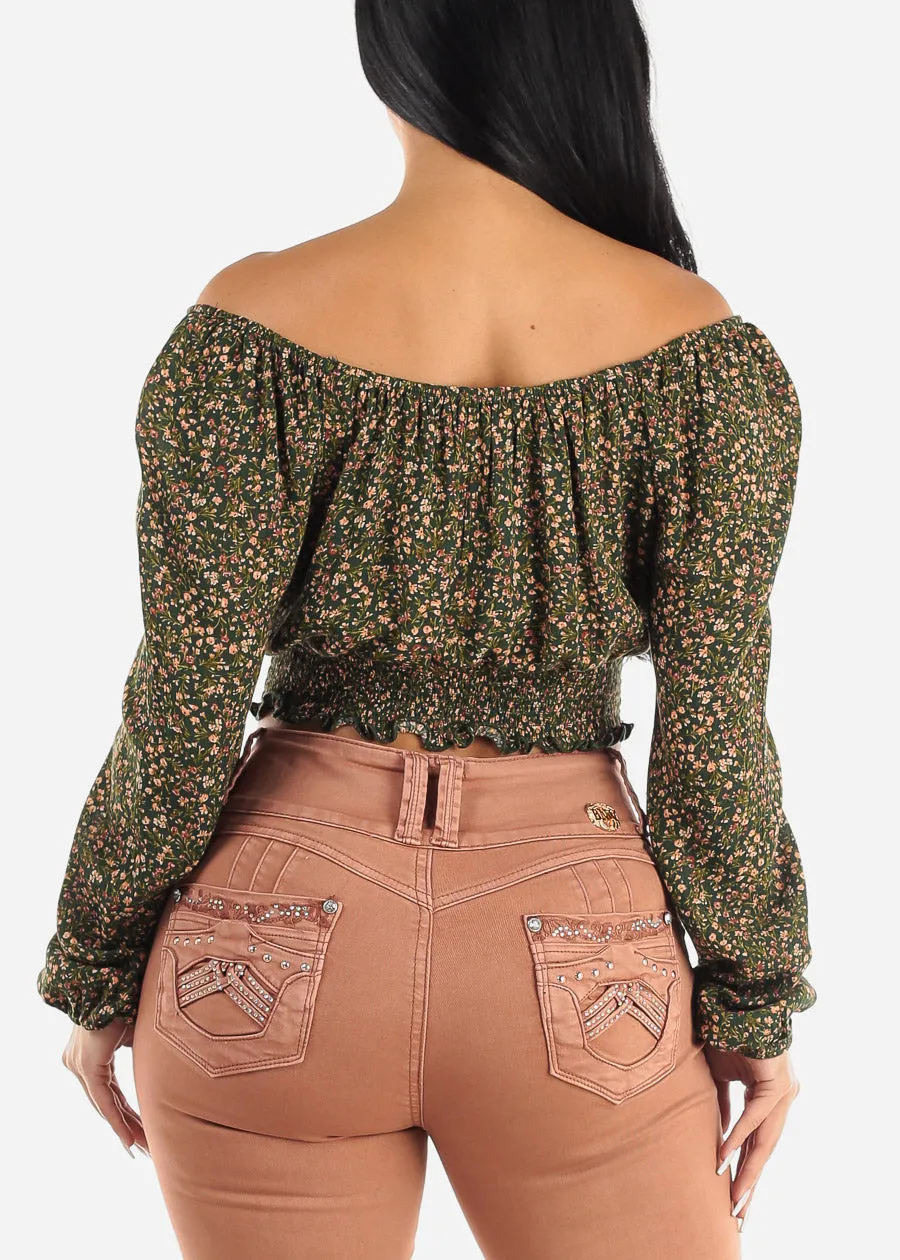 Off Shoulder Floral Peasant Crop Top Green sold by Moda product image thumbnail 4