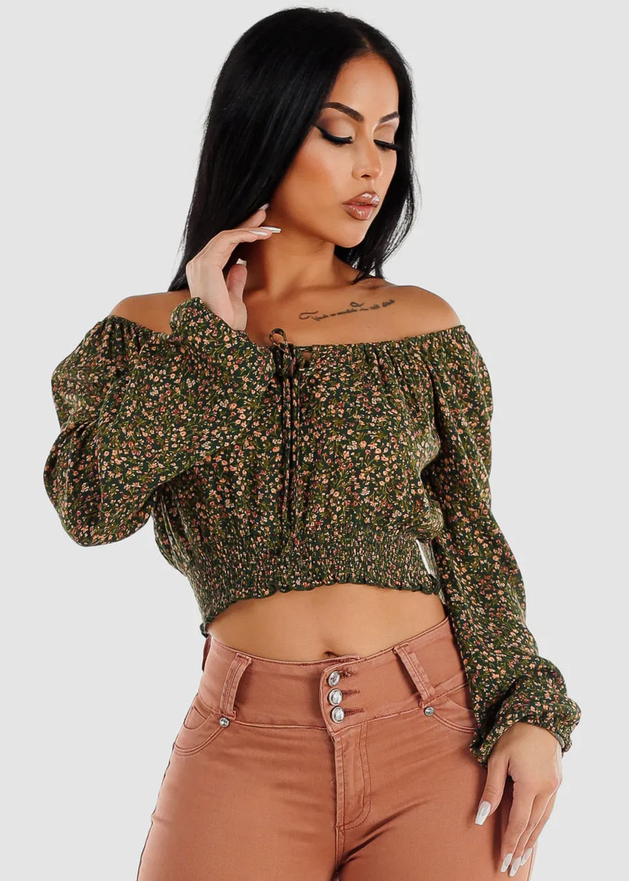 Off Shoulder Floral Peasant Crop Top Green sold by Moda