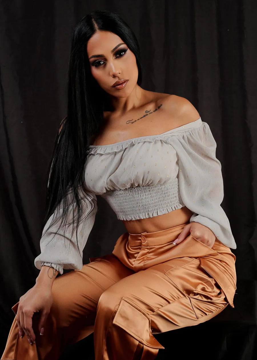 Long Sleeve Smocked Waist Printed Crop Top Light Grey sold by Moda product image thumbnail 2