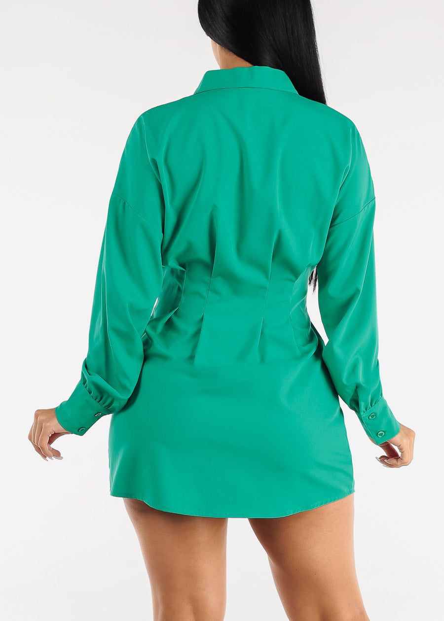 Long Sleeve Button Down Pleated Mini Shirtdress Green sold by Moda product image thumbnail 4