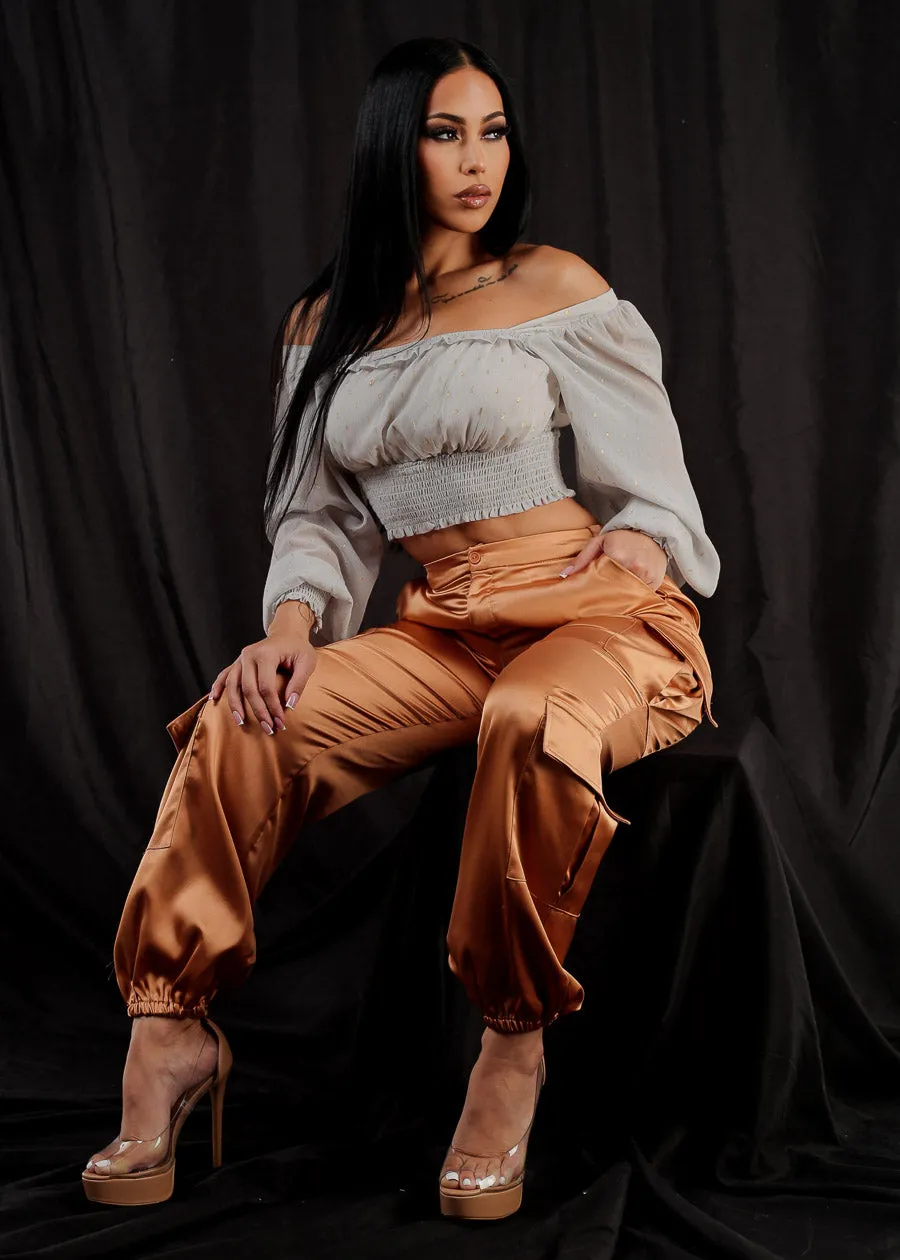 Long Sleeve Smocked Waist Printed Crop Top Light Grey sold by Moda product image thumbnail 3