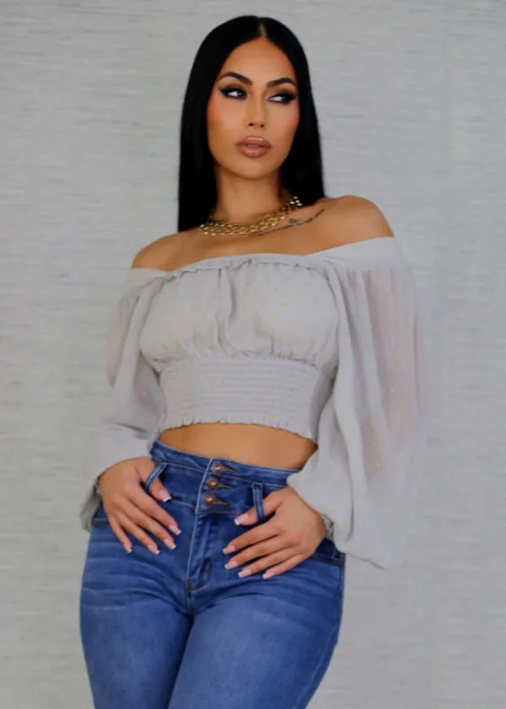 Long Sleeve Smocked Waist Printed Crop Top Light Grey sold by Moda