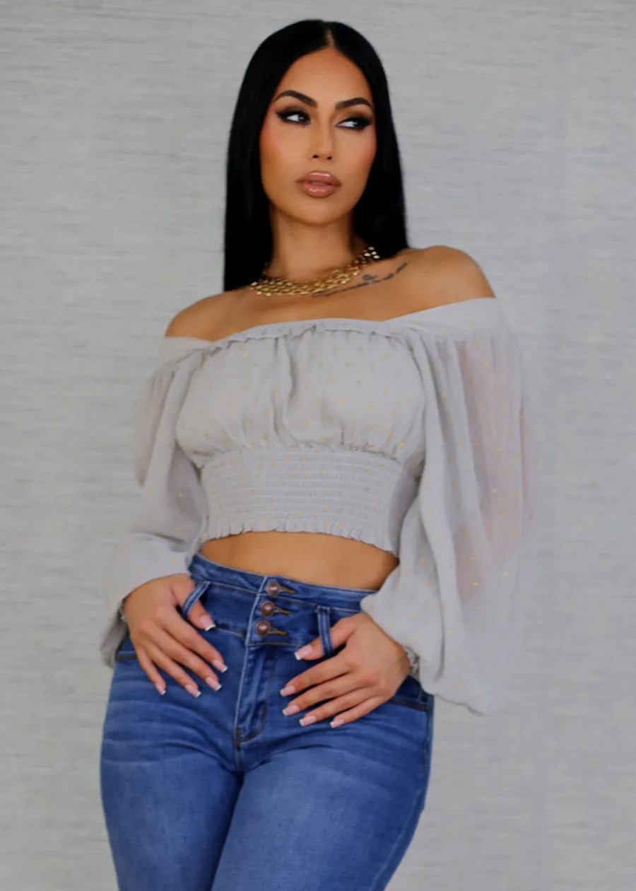 Long Sleeve Smocked Waist Printed Crop Top Light Grey sold by Moda