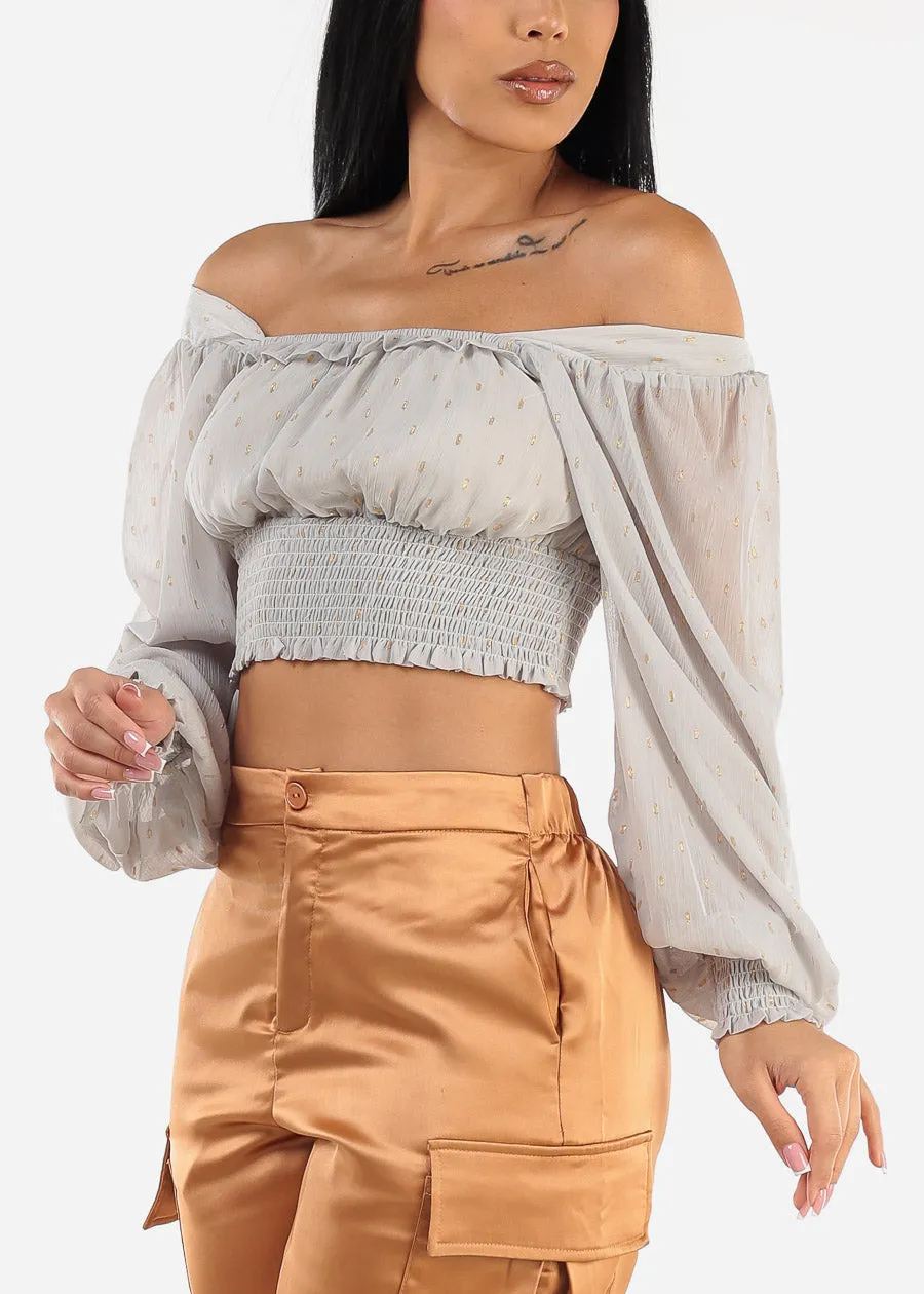 Long Sleeve Smocked Waist Printed Crop Top Light Grey sold by Moda product image thumbnail 5