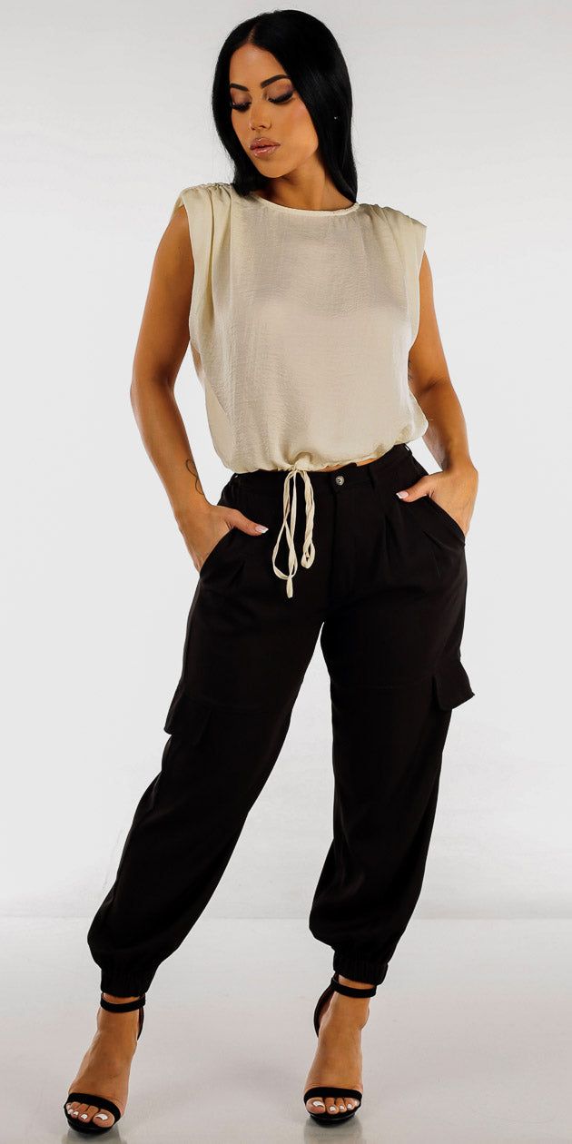 Black High Waisted Cargo Jogger Pants with Tie Front Drawstring Cap Sleeve Blouse sold by Moda