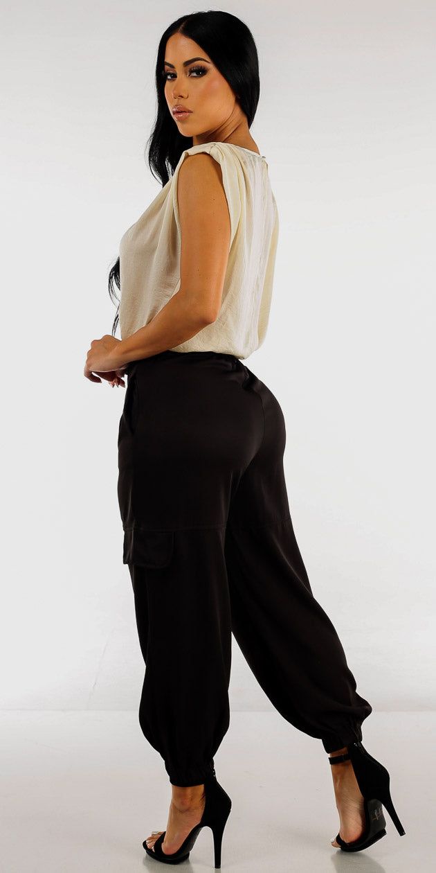 Black High Waisted Cargo Jogger Pants with Tie Front Drawstring Cap Sleeve Blouse sold by Moda product image thumbnail 2