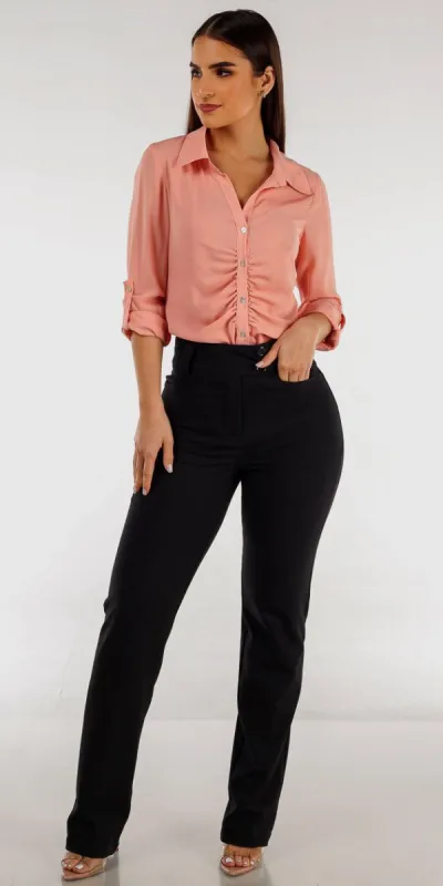 Super High Waist Dark Grey Dressy Bootcut Pants with Pink Button Up Ruched Shirt sold by Moda