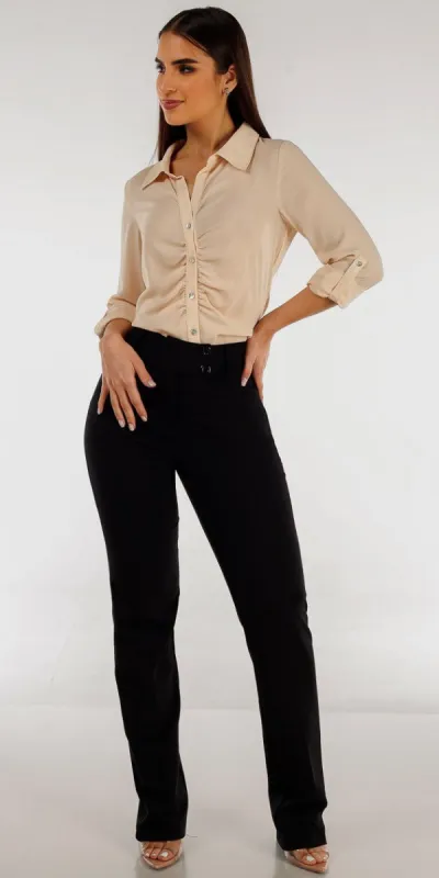 Super High Waisted Black Bootcut Dressy Pants with Nude Button Up Ruched Shirt sold by Moda