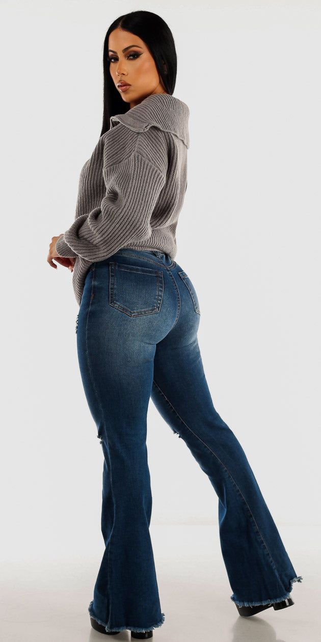High Rise Ripped Flared Jeans with Grey Zip Up Turtleneck Knit Stretch Sweater sold by Moda product image thumbnail 2