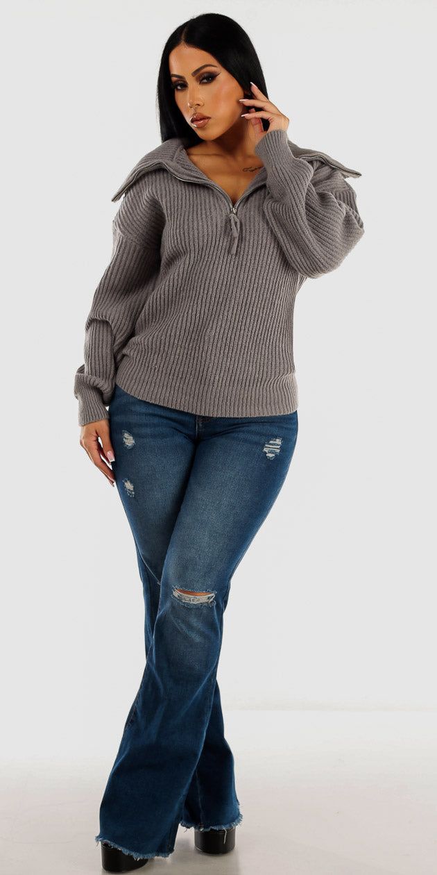 High Rise Ripped Flared Jeans with Grey Zip Up Turtleneck Knit Stretch Sweater sold by Moda