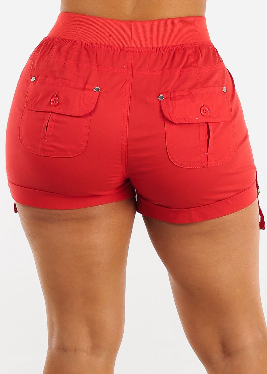 Red High Waist Drawstring Cargo Shorts sold by Moda product image thumbnail 4