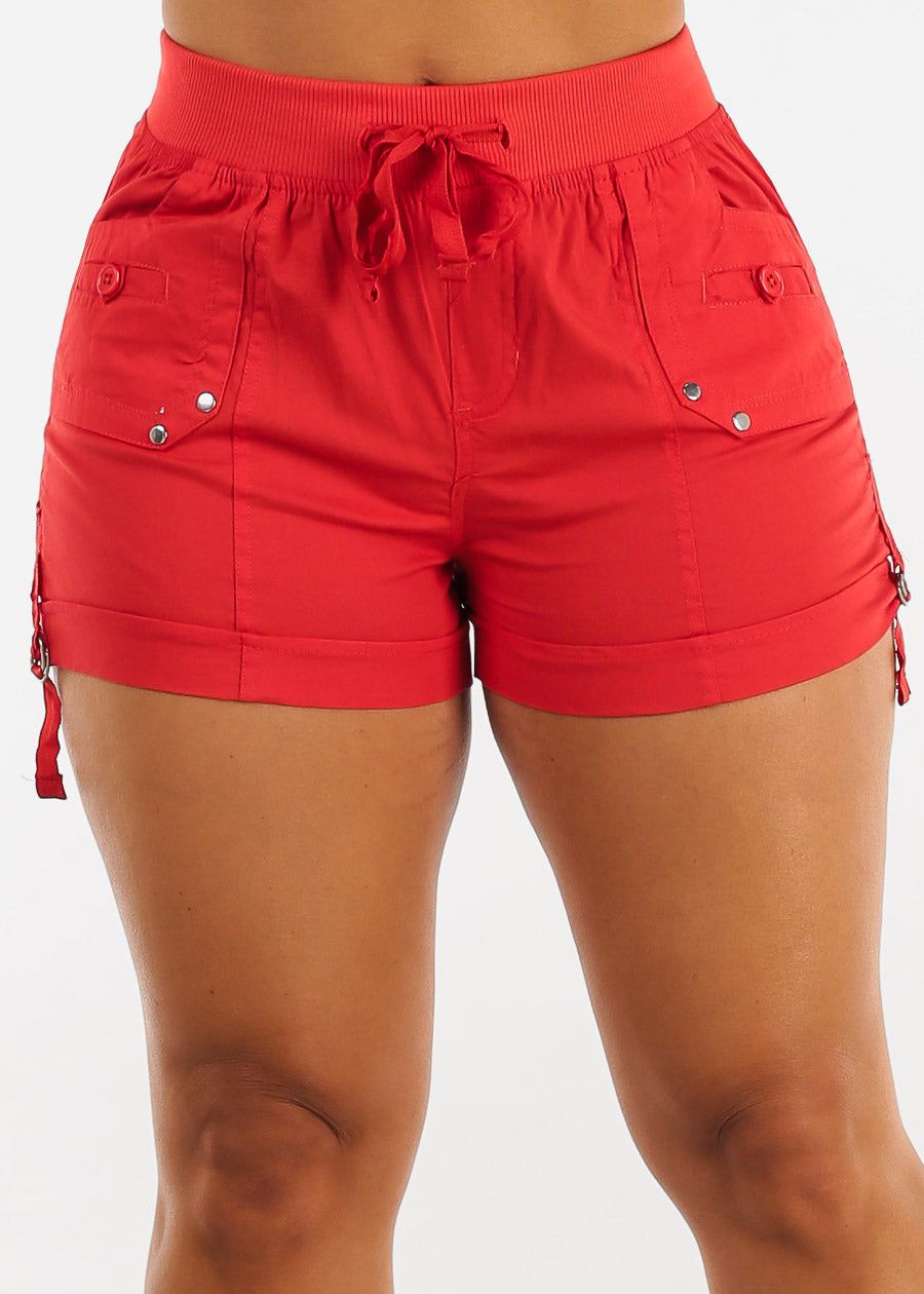 Red High Waist Drawstring Cargo Shorts sold by Moda