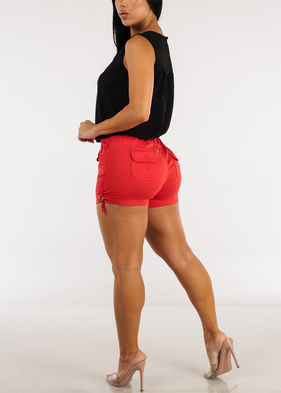 Red High Waist Drawstring Cargo Shorts sold by Moda product image thumbnail 5