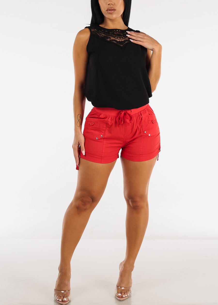 Red High Waist Drawstring Cargo Shorts sold by Moda product image thumbnail 2