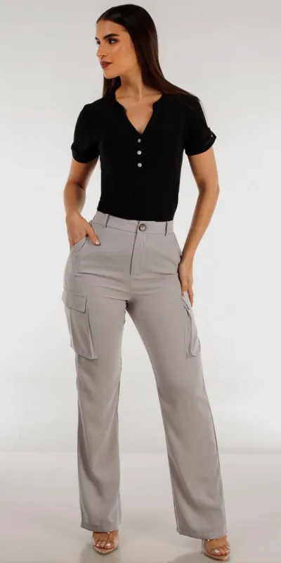 Grey High Waisted Straight Cargo Pants with Half Button Up Short Sleeve Black Blouse sold by Moda