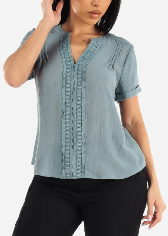 Short Sleeve Vneck Woven Top Teal w Lace Trim sold by Moda