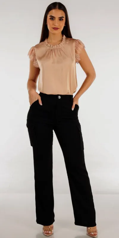 High Waisted Black Straight Cargo Pants with Short Sleeve Pleated Satin Blouse sold by Moda