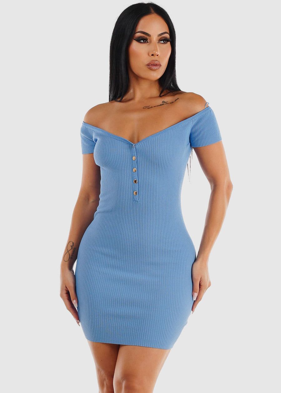 Short Sleeve Rib Knit Bodycon Mini Dress Light Blue sold by Moda