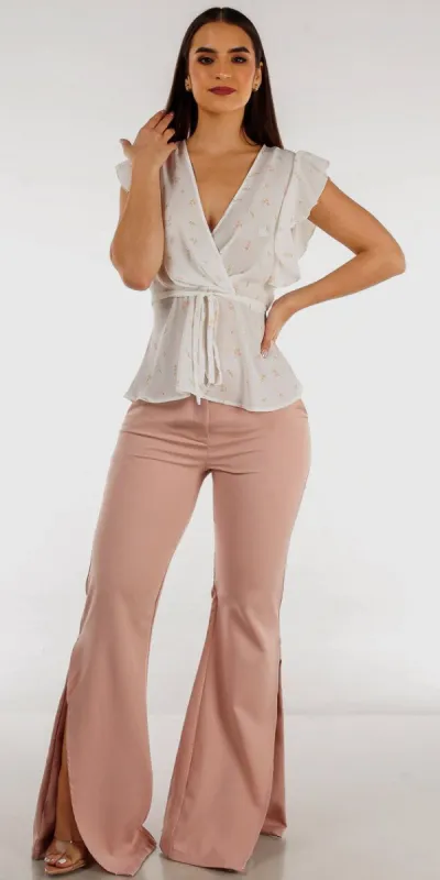 Mauve High Rise Front Slot Flared Pants with White Short Sleeve Floral Peplum Blouse sold by Moda