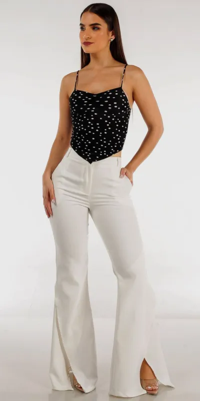 White Front Slit Flared Pants with Black Polka Dot Bandana Crop Top made by Moda