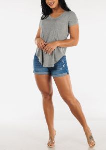 Butt Lifting Distressed Cuffed Denim Shorts Med Blue sold by Moda
