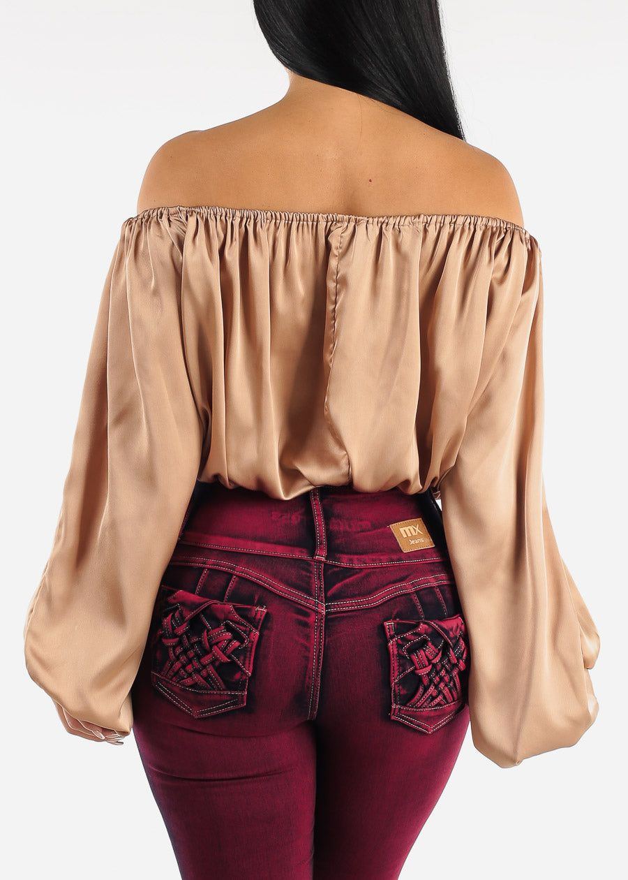 Taupe Off Shoulder Satin Crop Top sold by Moda product image thumbnail 4