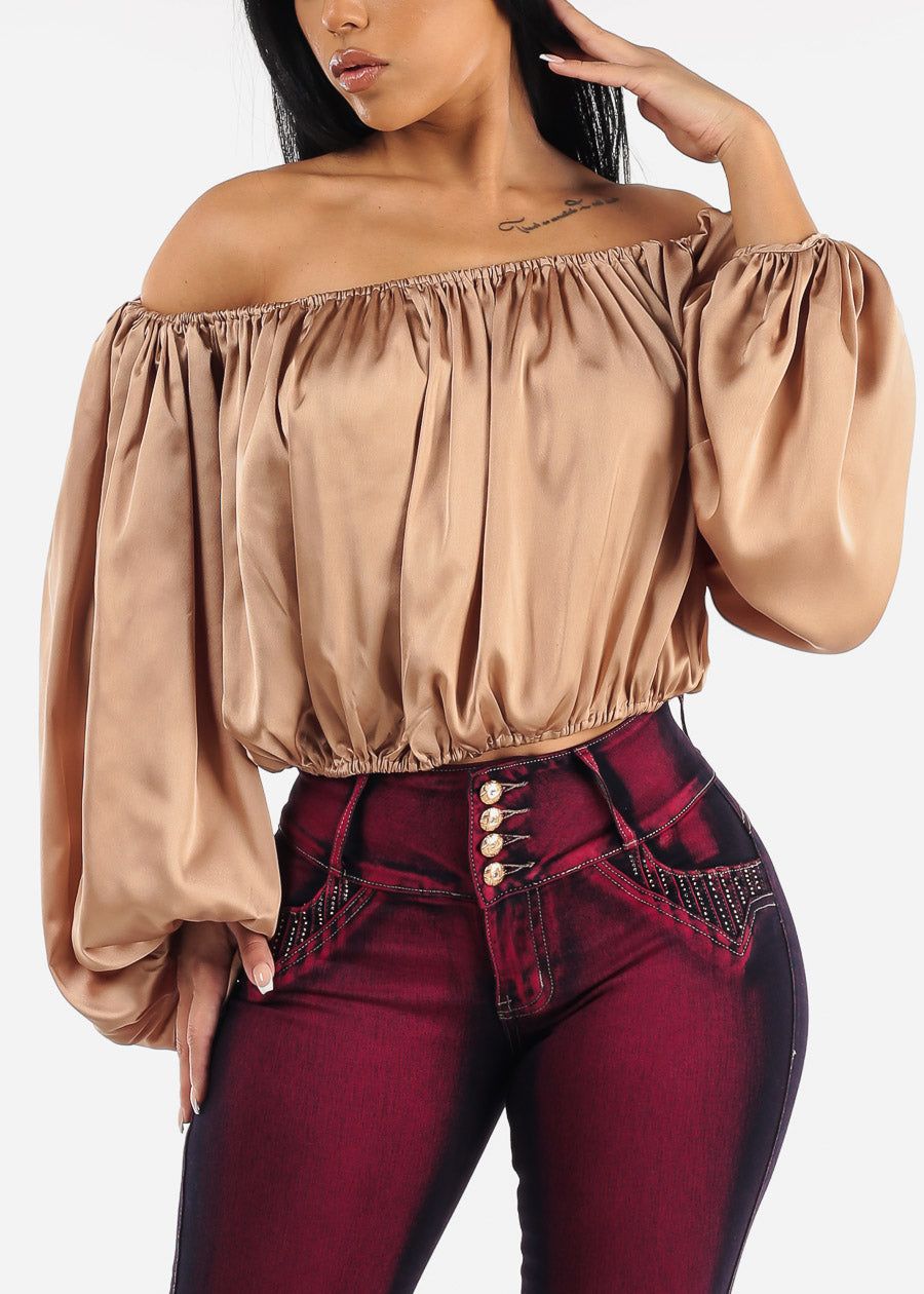 Taupe Off Shoulder Satin Crop Top sold by Moda
