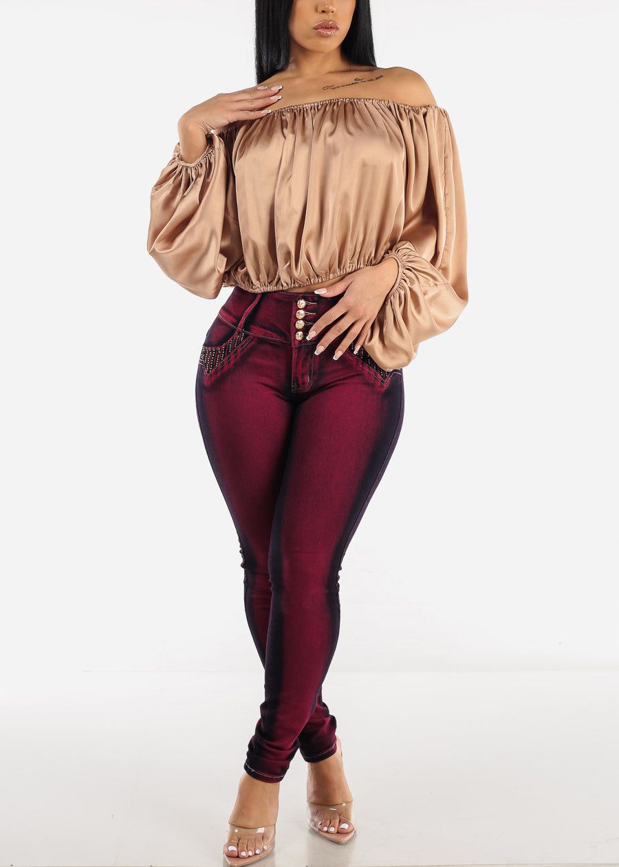 Taupe Off Shoulder Satin Crop Top sold by Moda product image thumbnail 2