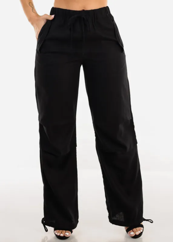 Black Linen High Waisted Knee Pleats Jogger Pants made by Moda