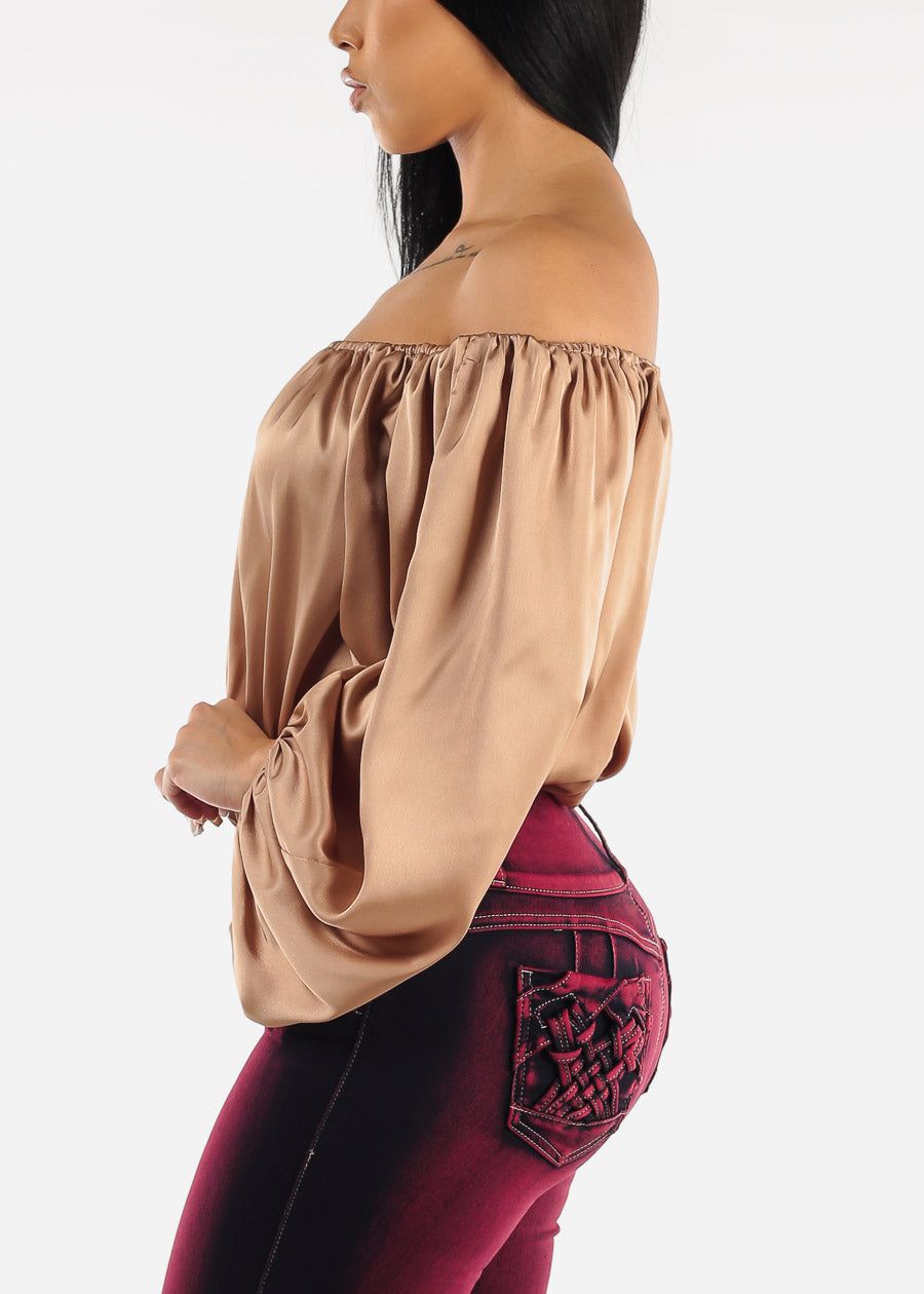 Taupe Off Shoulder Satin Crop Top sold by Moda product image thumbnail 3