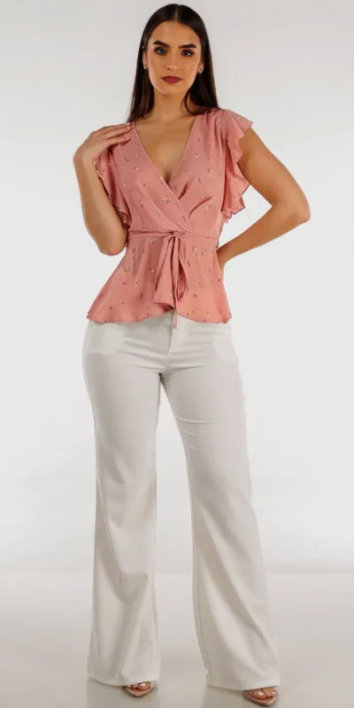 White Flared Bootcut Dress Pants with Floral Short Sleeve Mauve Peplum Blouse sold by Moda