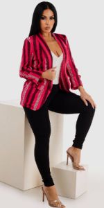 Low Rise Black Butt Lifting Pants Sleeveless White Ruched Bodysuit and Pink Printed Formal Blazer sold by Moda